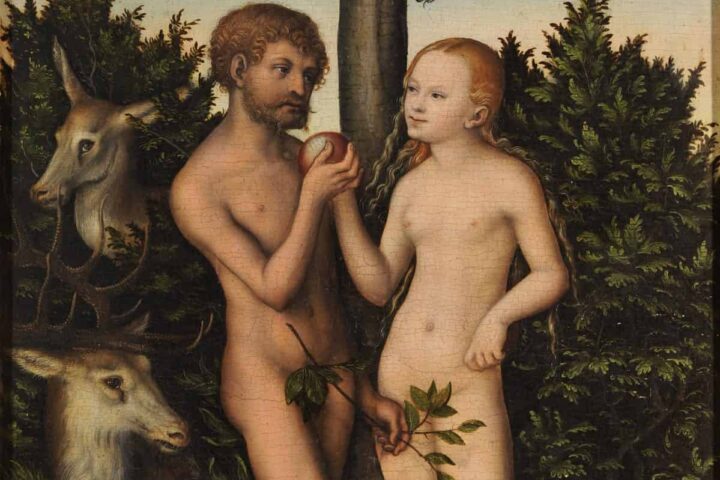 Lucas Cranach , "Adam et Ève", huile sur toile, 1532 (Wikimedia Commons).